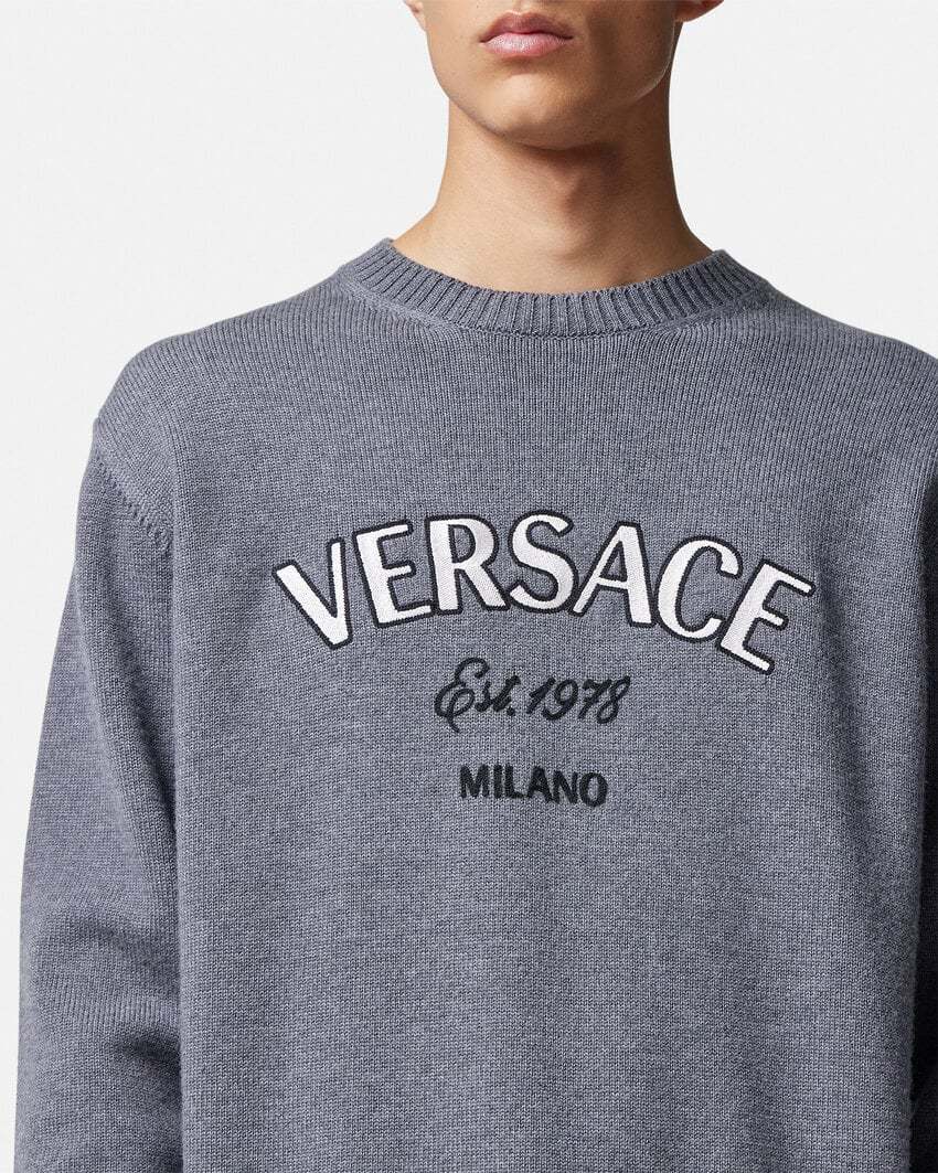 Versace Milano Stamp Embroidered Wool Jumper In Gray