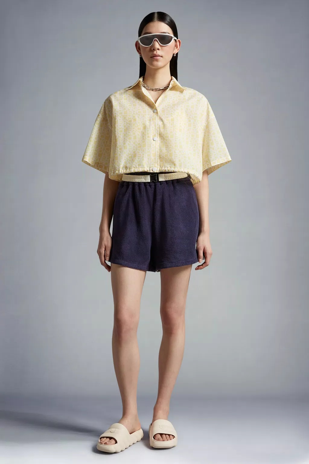 Moncler Logo-patch Velour Shorts In Blue