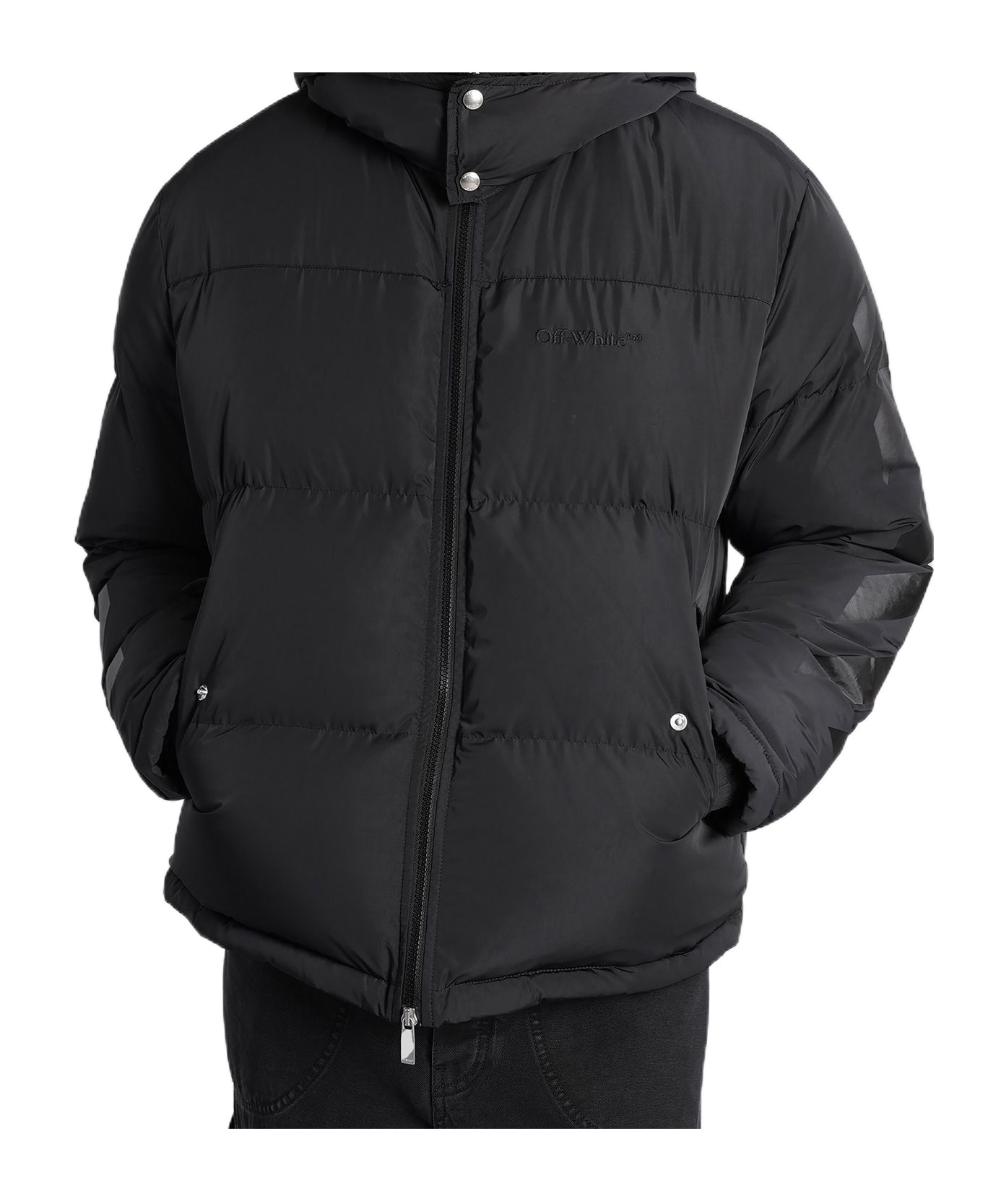 Off-white Hooded Padded Quilted Jacket Pockets In Black