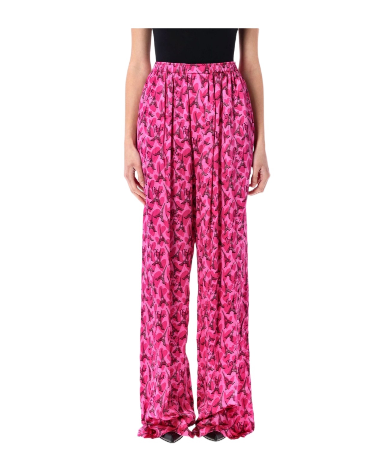 Balenciaga Silk Satin Pyjama Pants With Vibrant Pattern In Pink