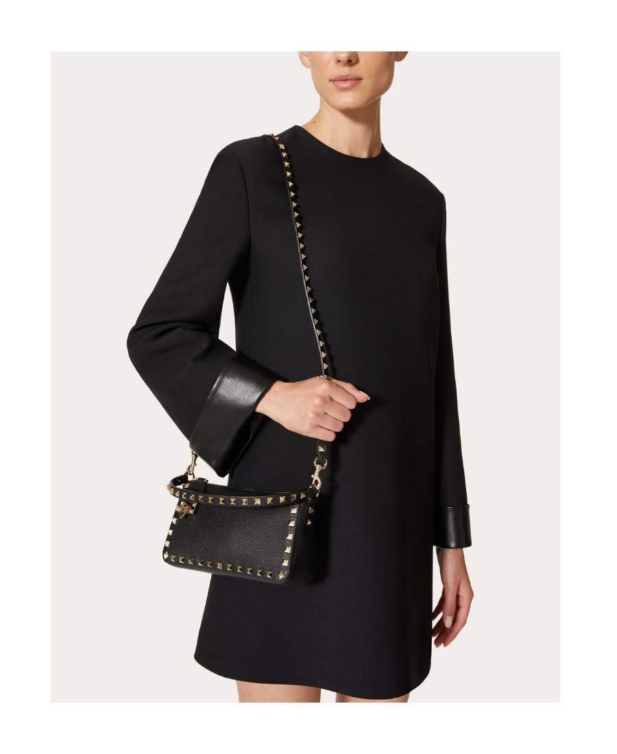 Valentino Small Rockstud Shoulder Bag In Grained Calfskin In Black