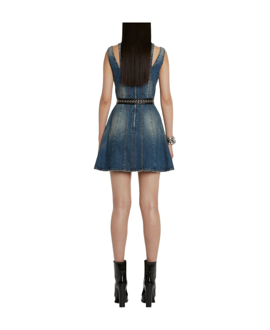 Alexander Mcqueen Blue Mini Dress With Cut-out Detail And Pleated Skirt In Cotton Denim Woman In Blue