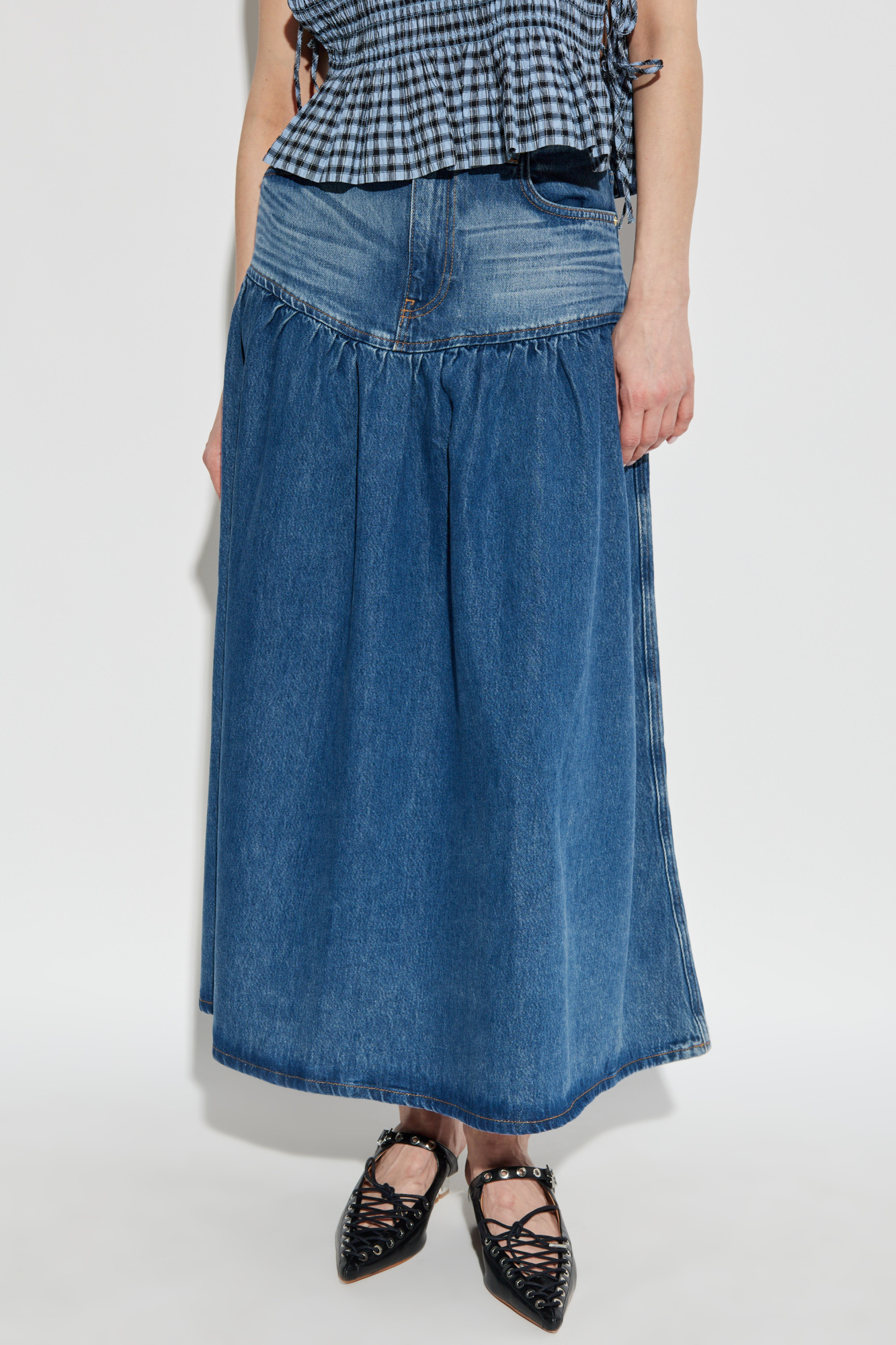 Ganni Denim Banded Maxi Skirt In Blue