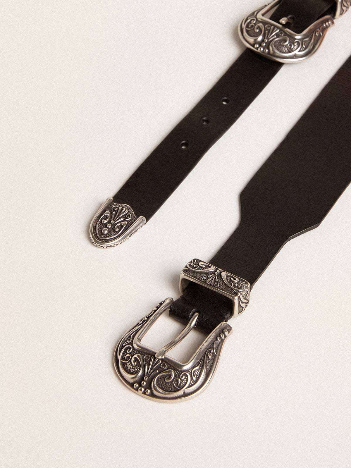 Golden Goose Black Belt In Washed Leather With Silver-colored Double Buckle In Black