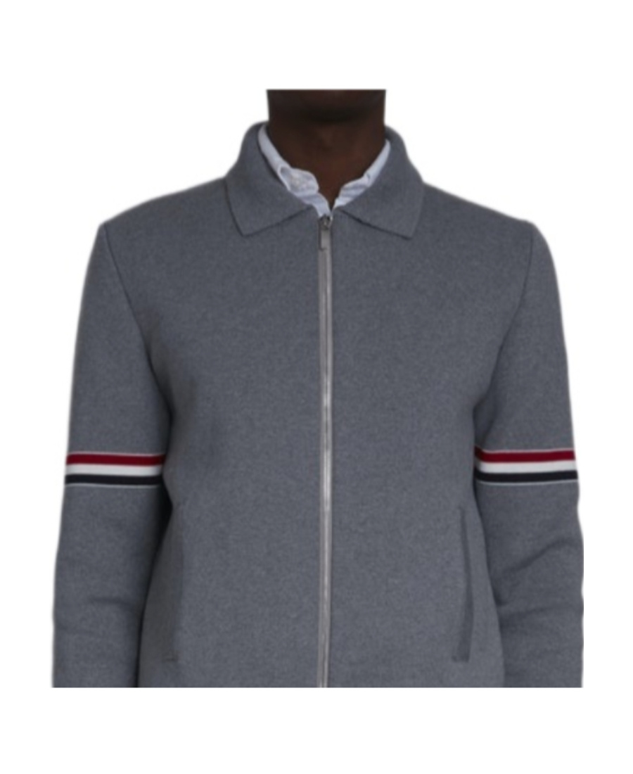 Thom Browne Rwb-stripe Cotton Jersey Zip-up Jacket In Gray