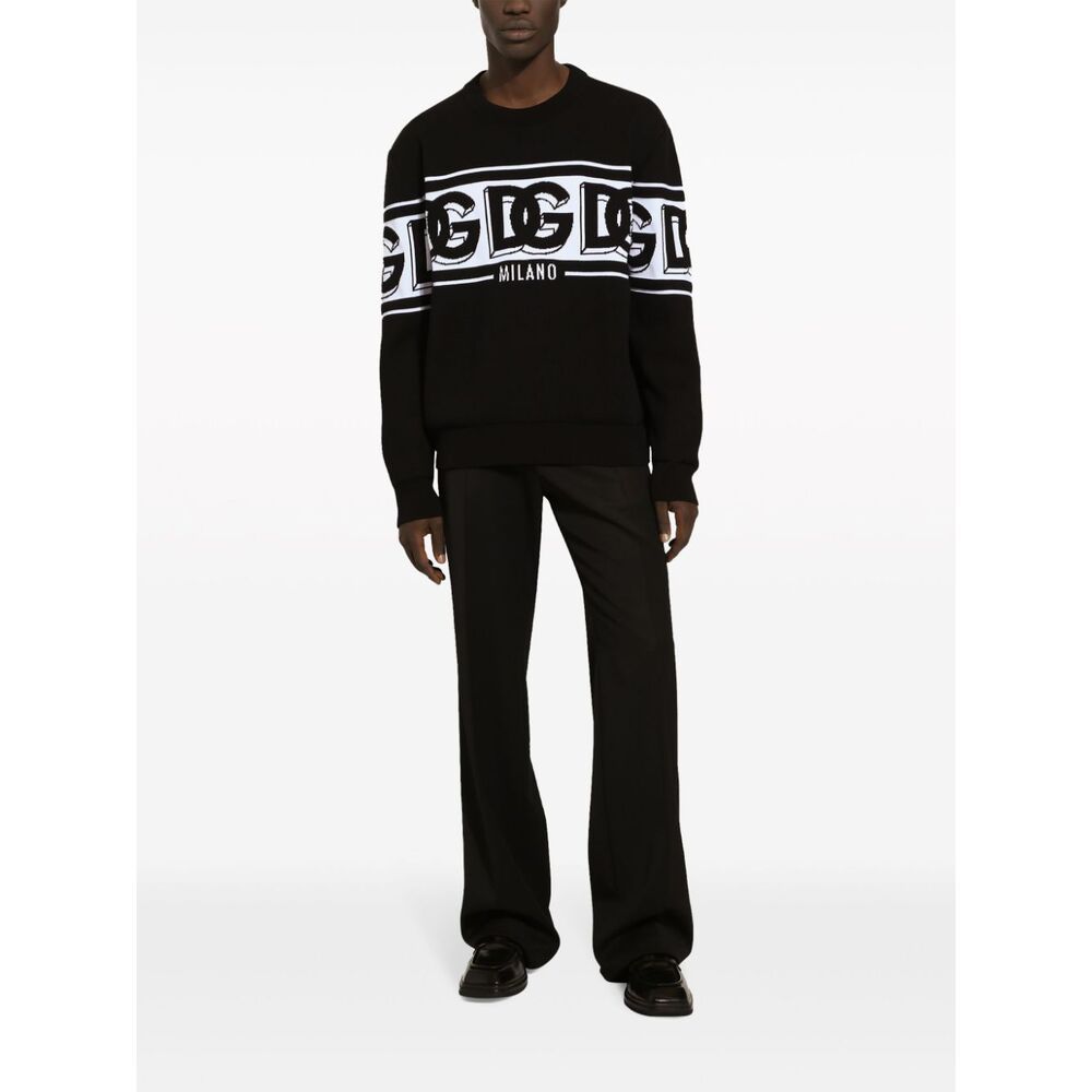 Dolce & Gabbana Black Crewneck Sweater With Dg Motif In Wool Blend Man In Black