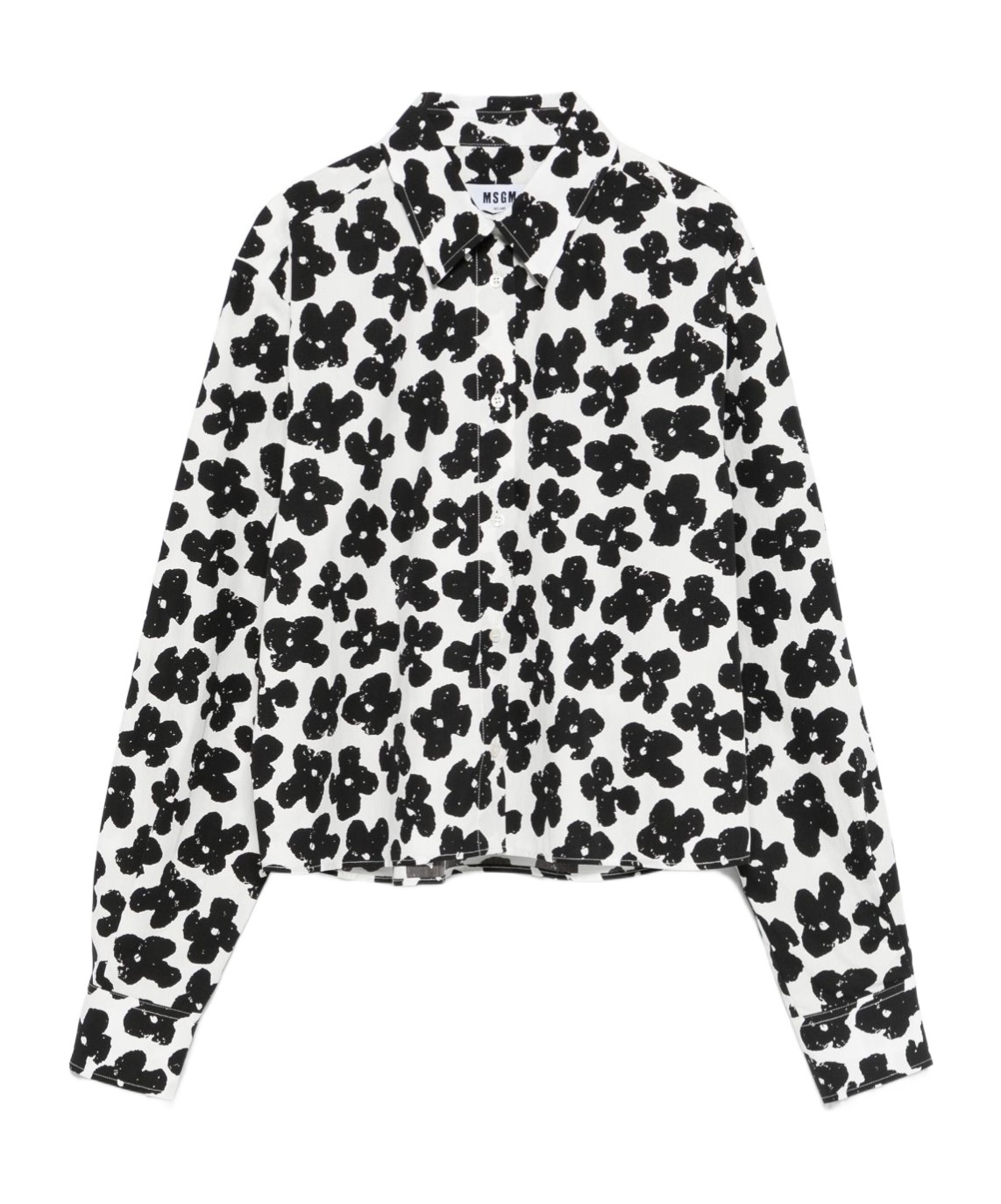 Msgm White Cotton Shirt With Black Floral Print In Black