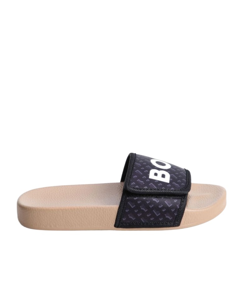 Hugo Boss Boss Boys Black Monogram Sliders In Nude