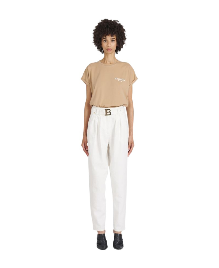 Balmain Boyfriend Cut Jeans With Buckle Monogram Print In White