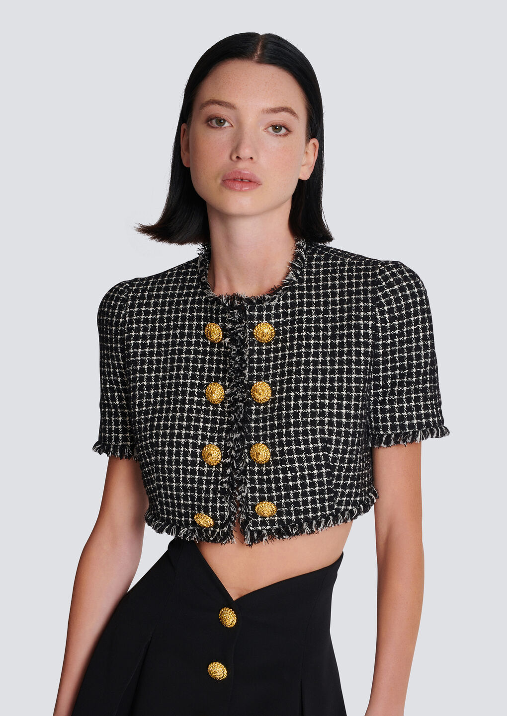 Balmain Cropped Embellished Cotton-blend Tweed Jacket In Black