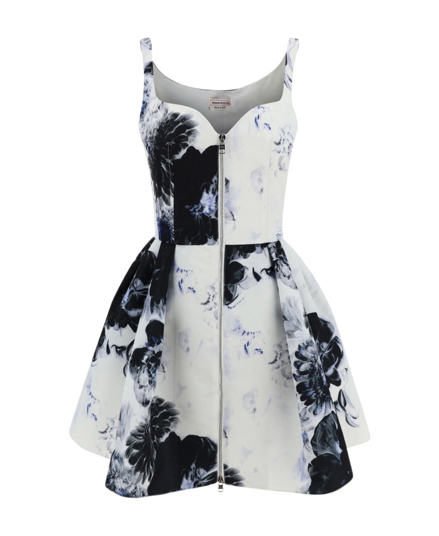 Alexander Mcqueen Women Mini White And Black Dress With All-over Chiaroscuro Print In Polyfaille Wom In White