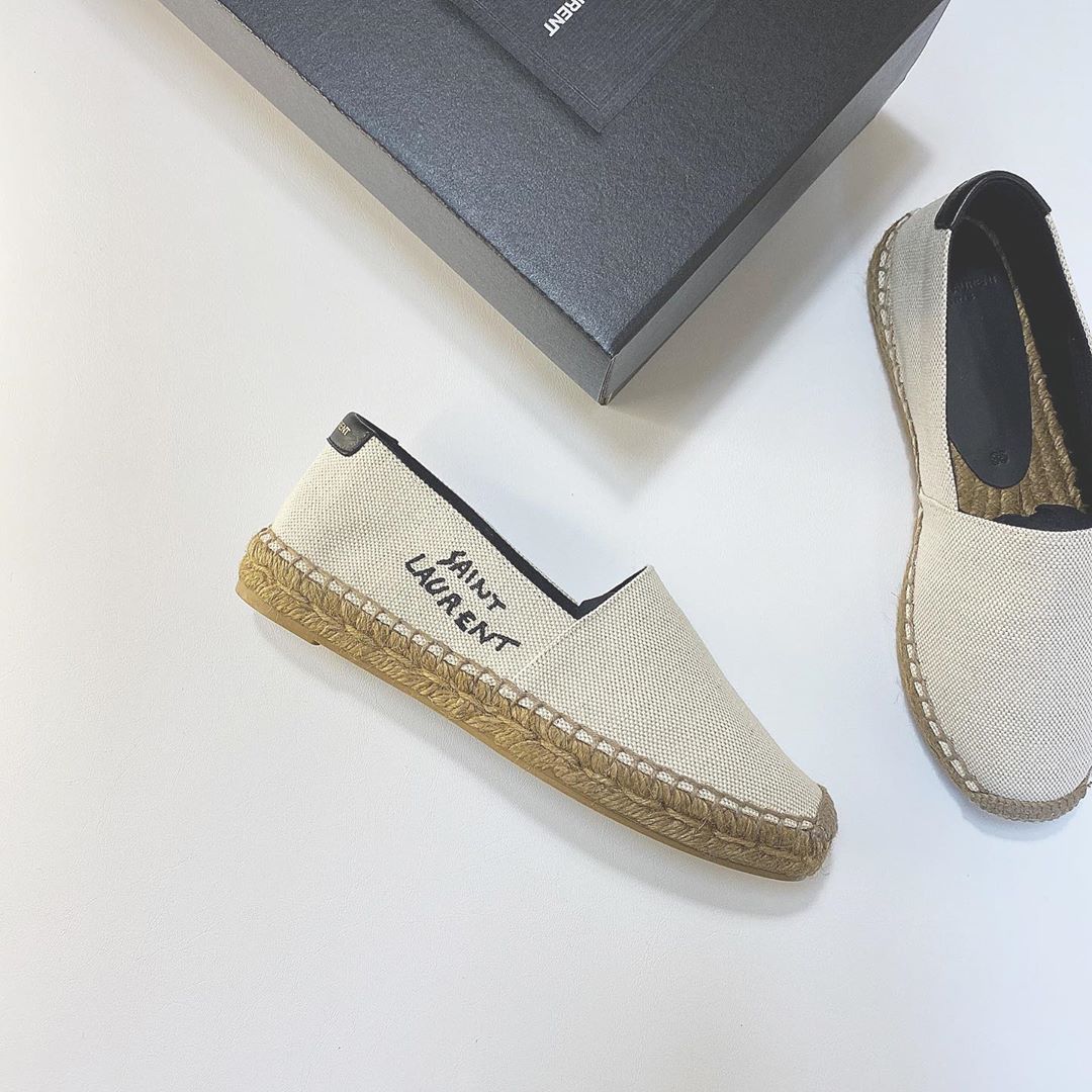 Saint Laurent Logo Embroidery Straw Shoes In White