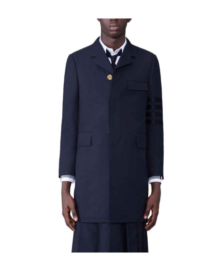 Thom Browne Stripe-detail Single-breasted Coat In Black