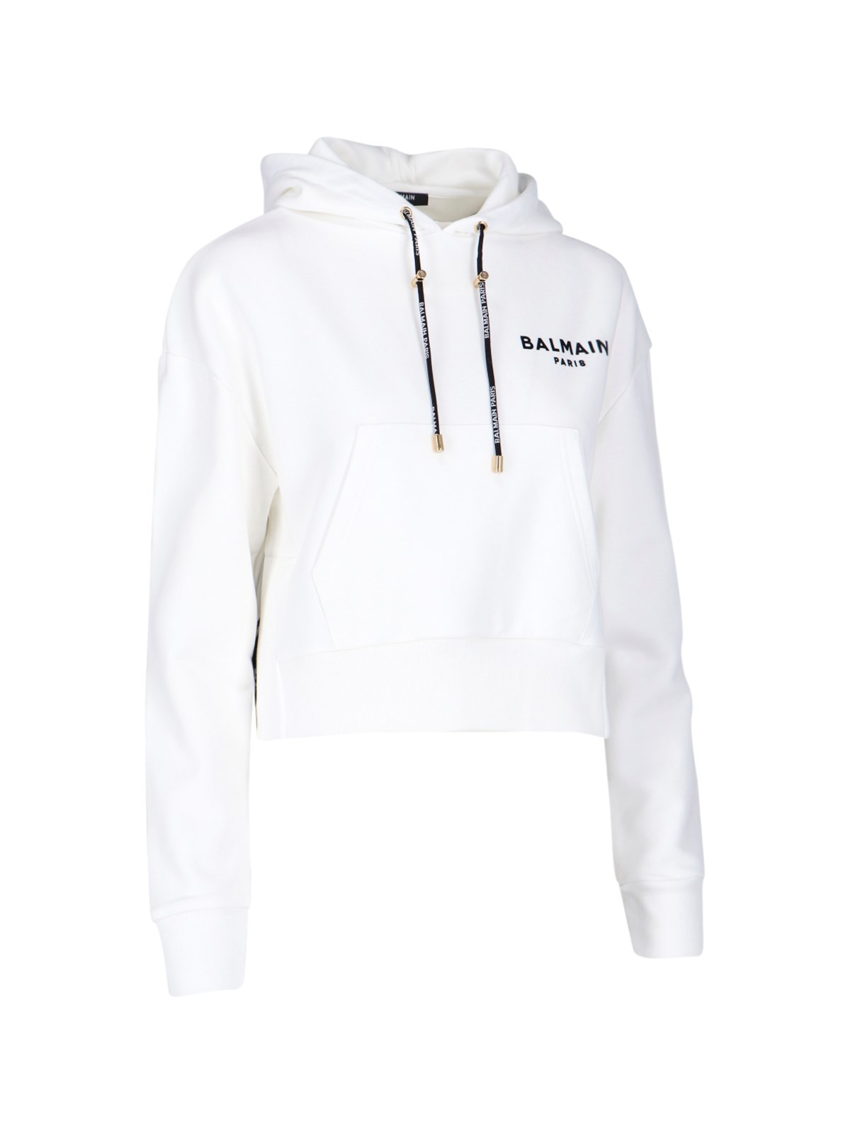 Balmain Cropped Flocked Organic Cotton-jersey Hoodie In White