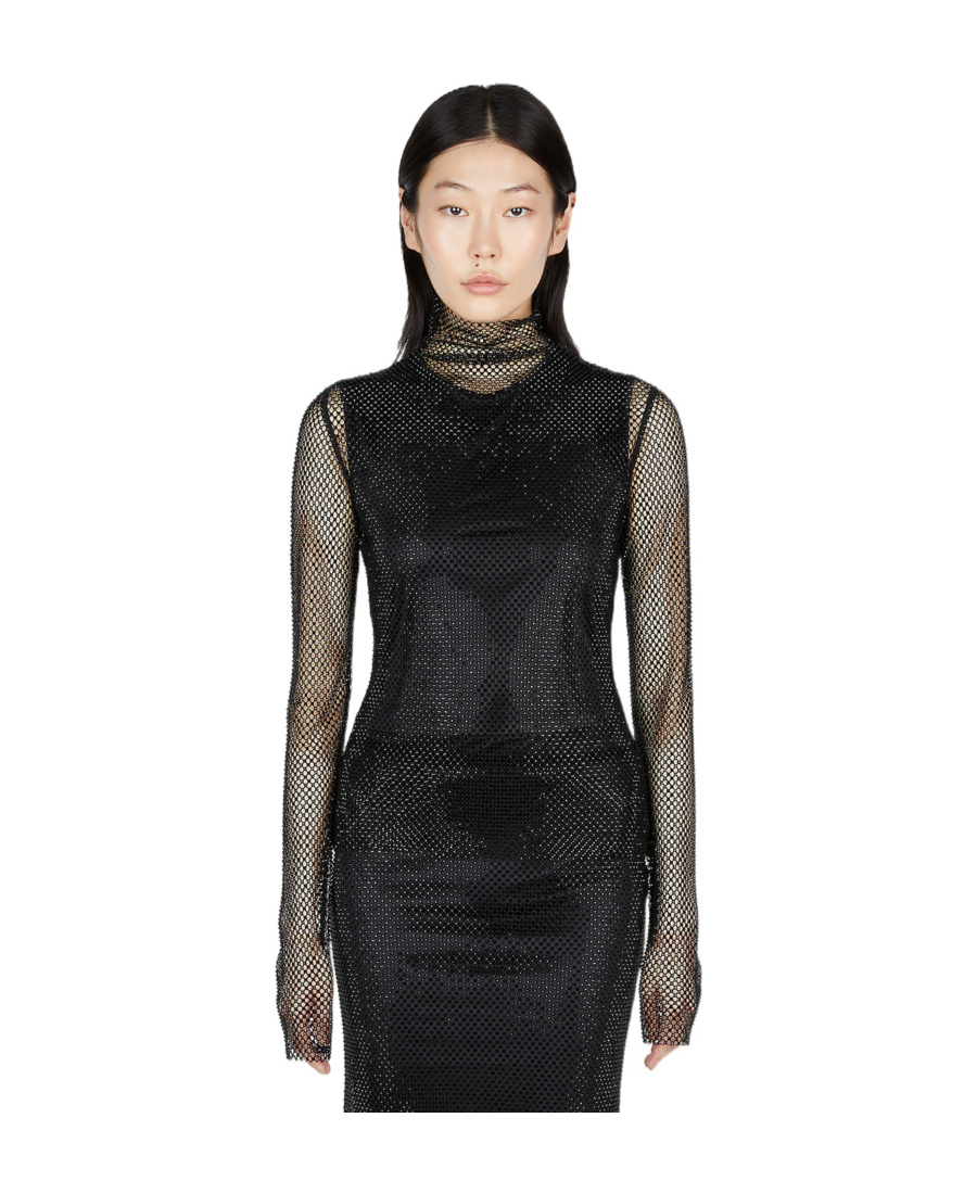Sportmax Sheer Fishnet Long-sleeve Fitted Top With High Neck In Black