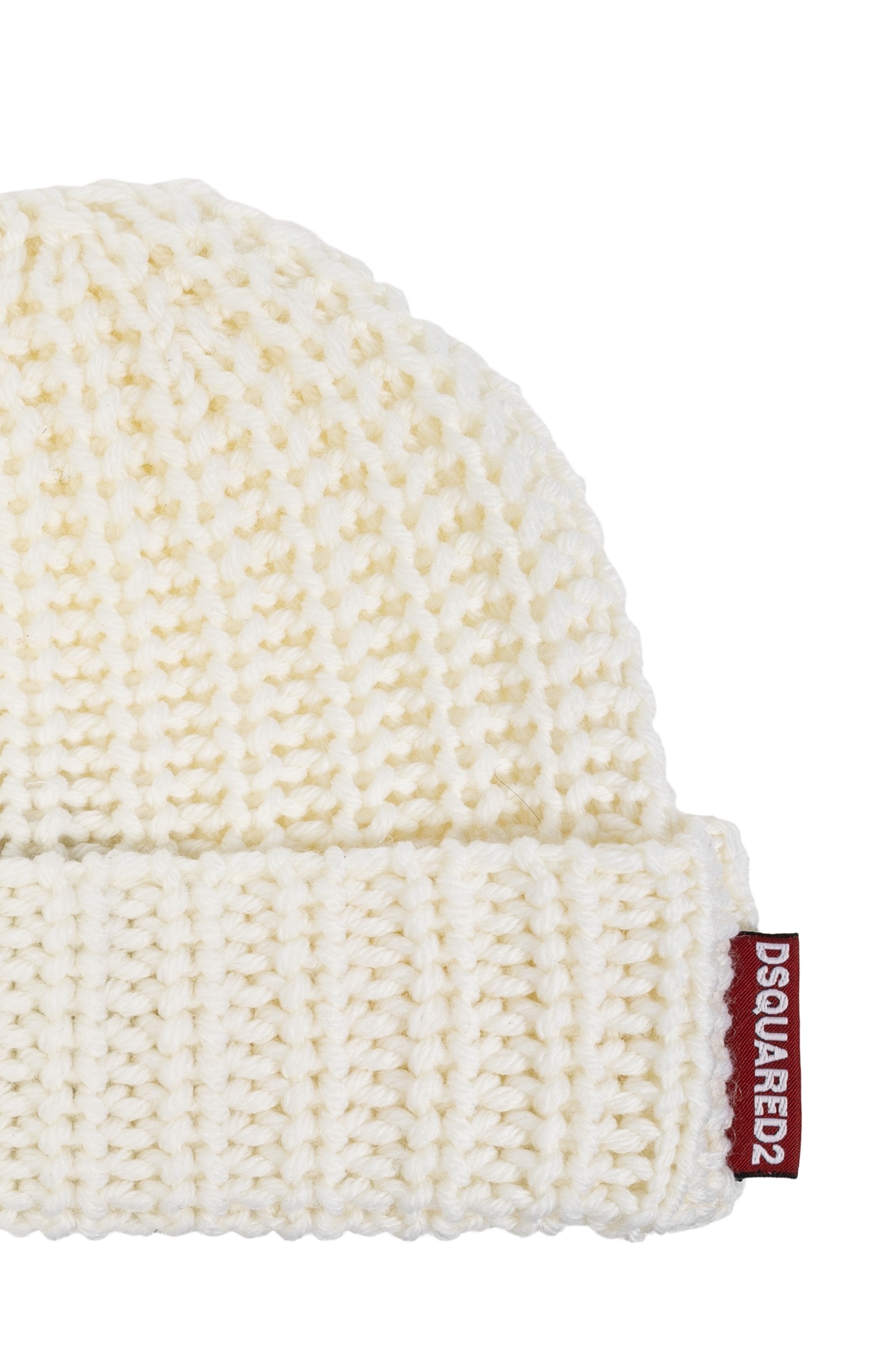 Dsquared2 Logo Tag Knit Wool Beanie In White