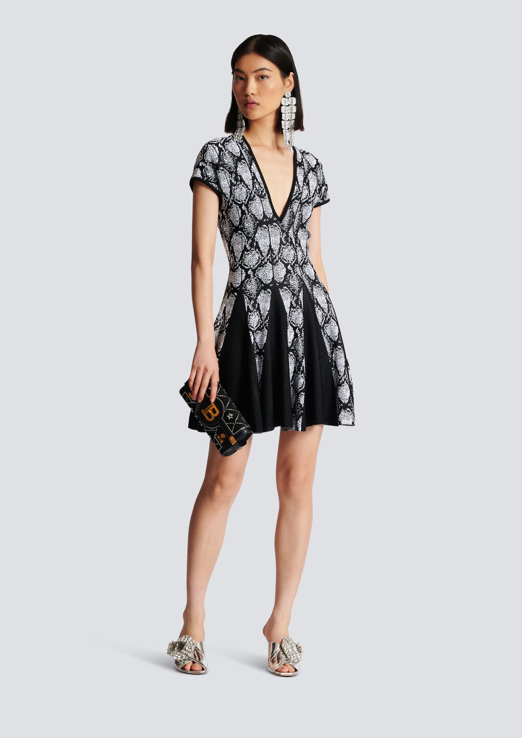 Balmain Short-sleeve Python Jacquard-knit Skater Dress In Gray