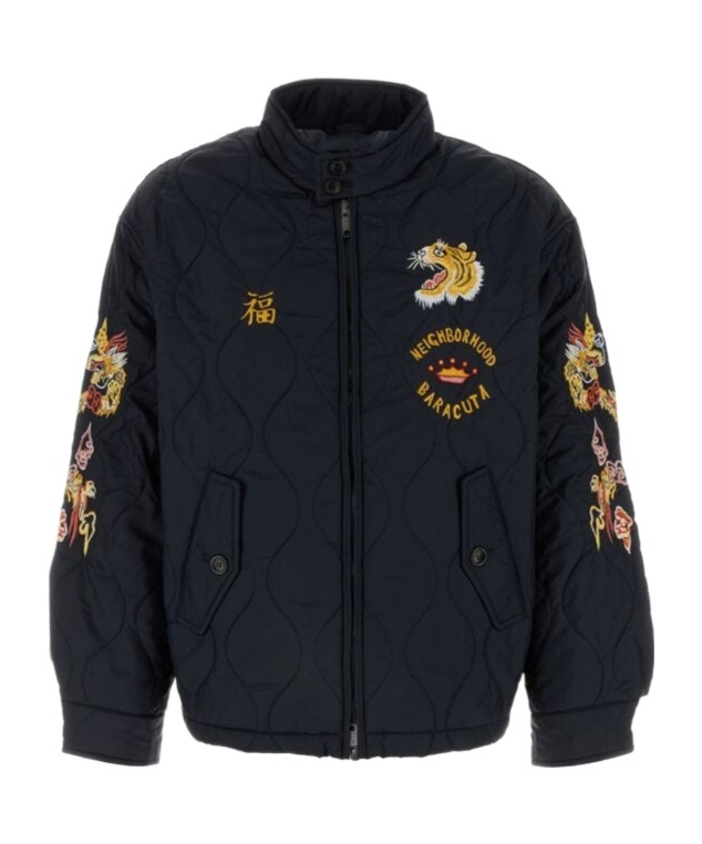 Baracuta Quilted Stand Collar Jacket With Embroidered Accents In Navy Blue