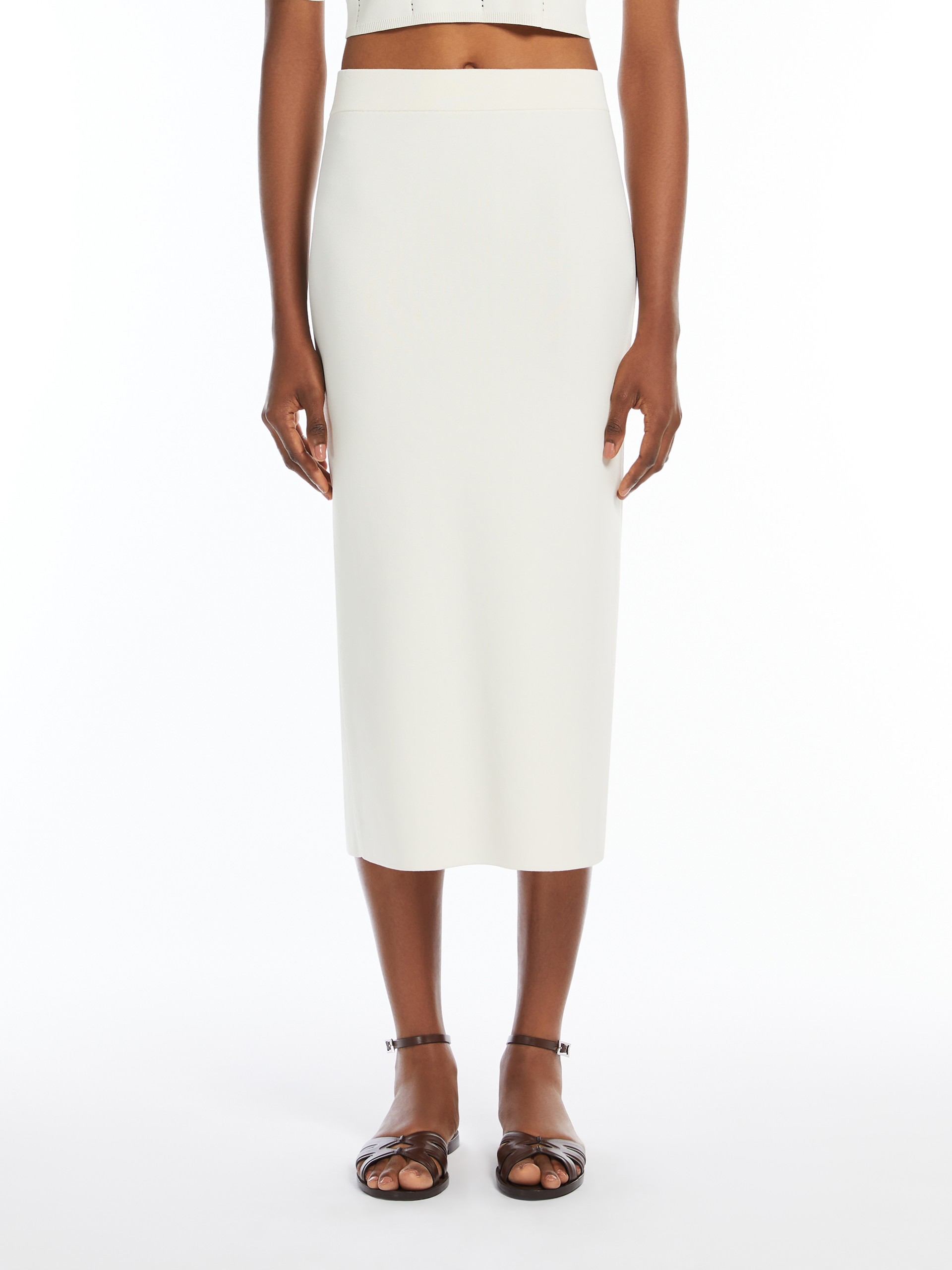 Max Mara Eden Double Cotton Canvas Midi Skirt In White