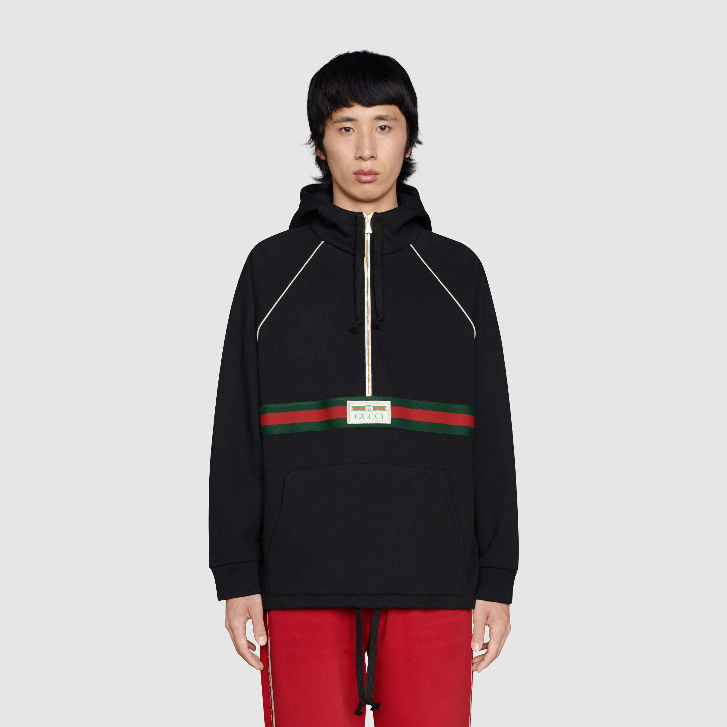 Gucci Logo Web Half-zip Cotton Jersey Hoodie In Black