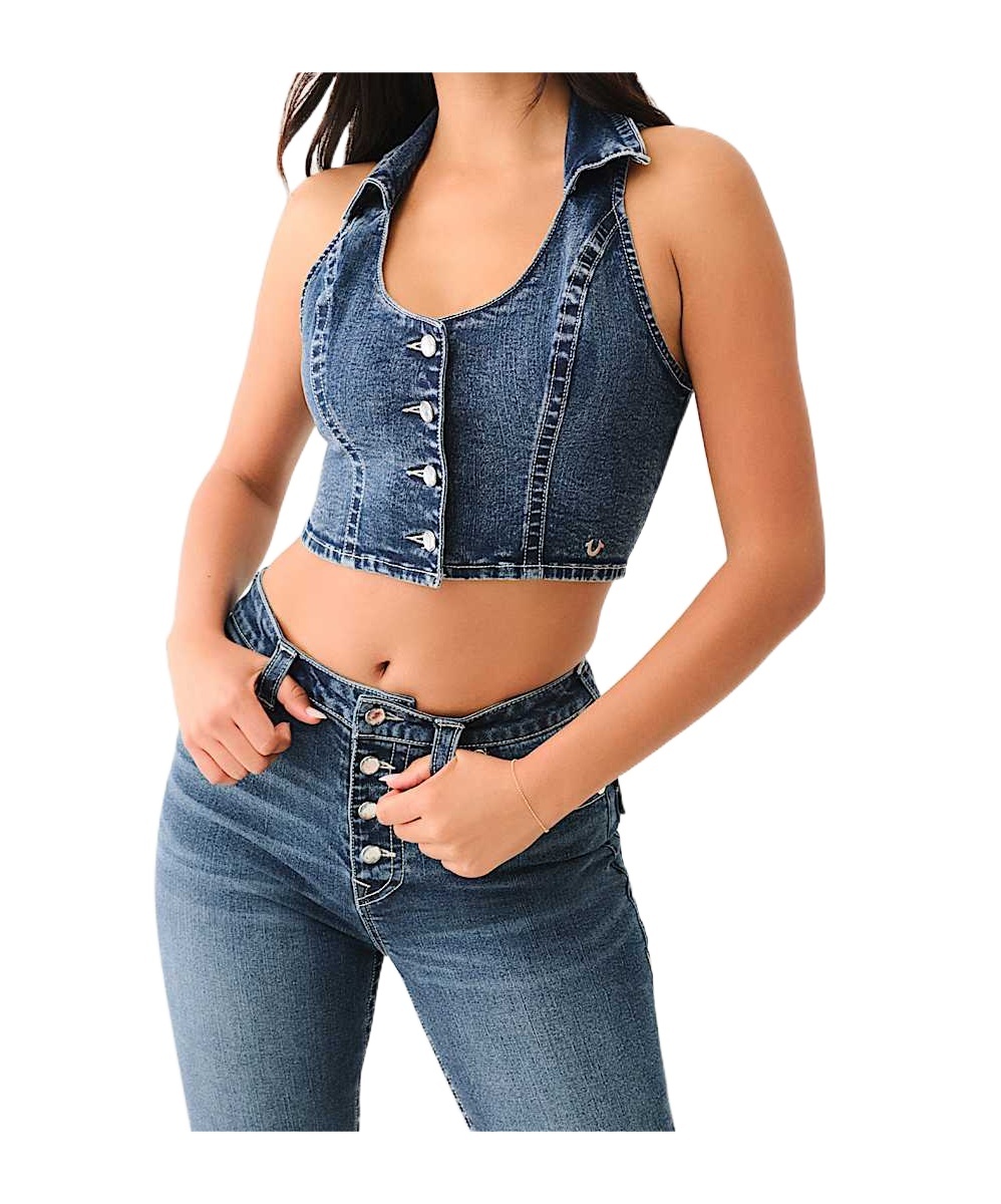TRUE RELIGION CROP DENIM CRYSTAL VEST 