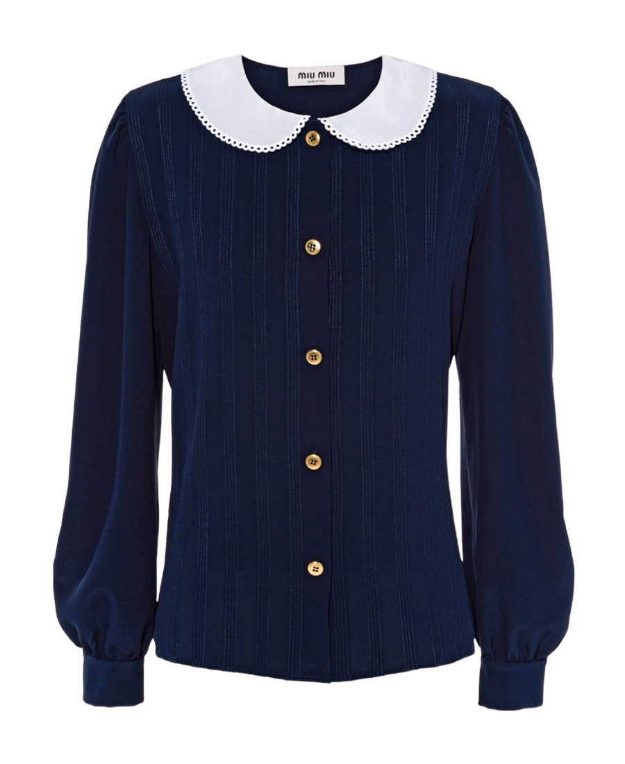 Miu Miu Lace-collar Long-sleeved Blouse In Blue