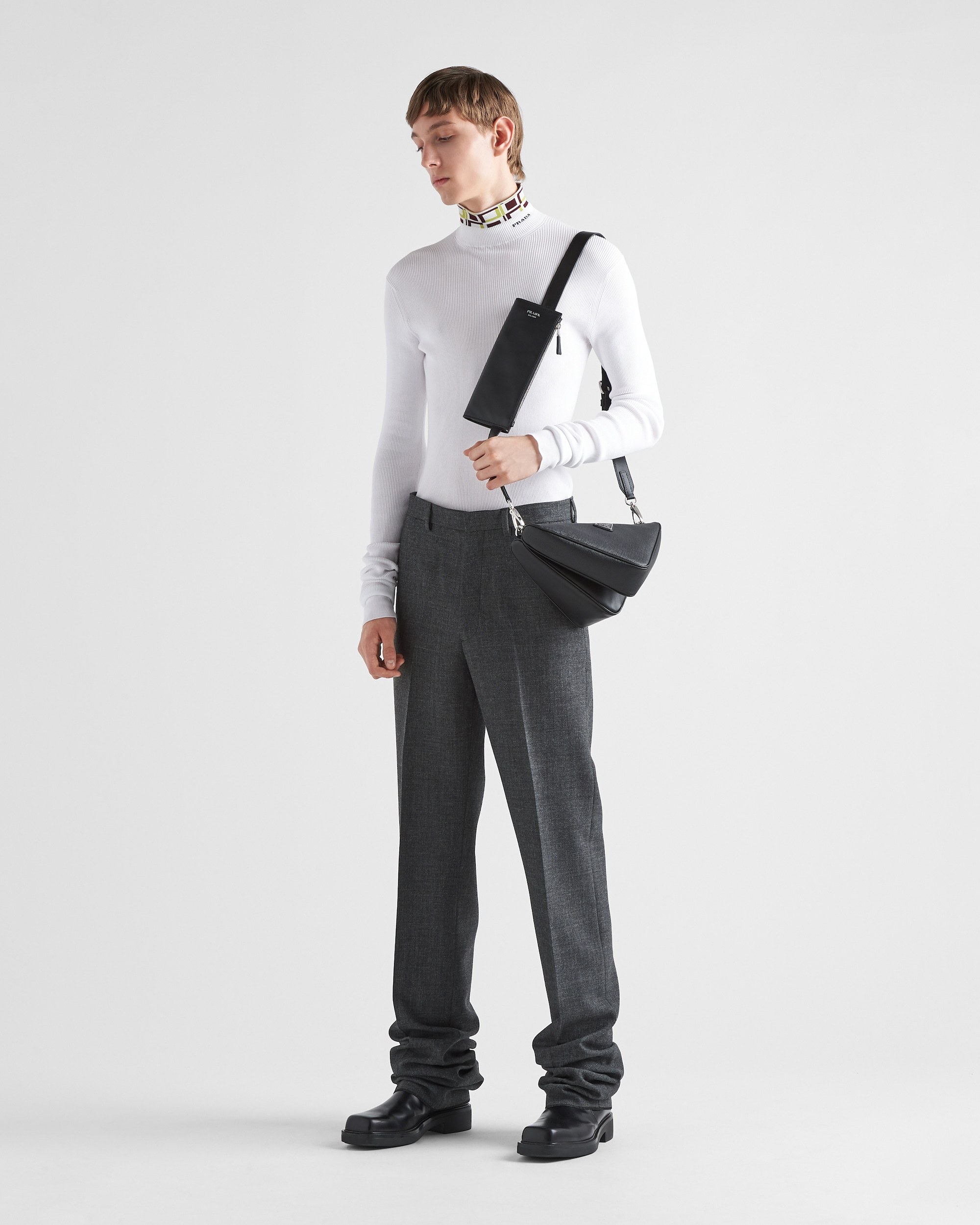 Prada Saffiano Leather And Leather Shoulder Bag In Black