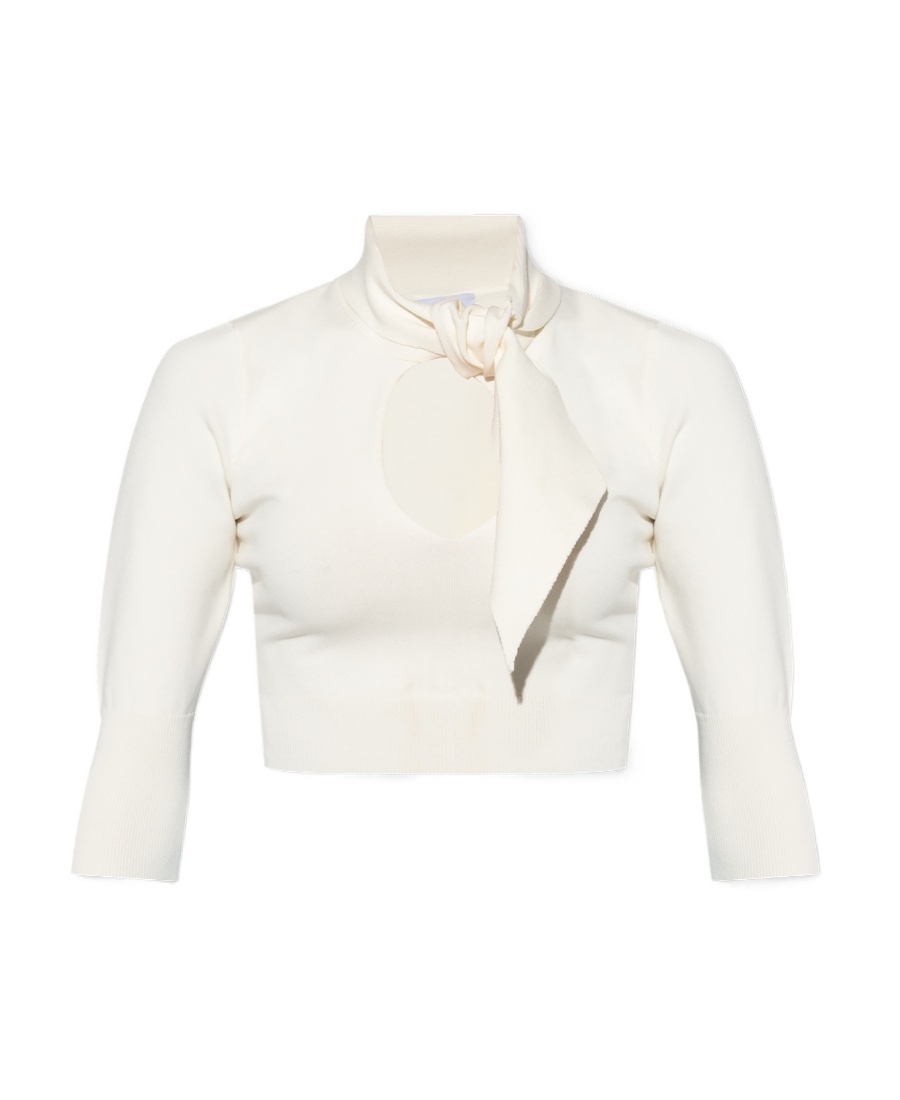 Attico The  Pussybow Ribbed Cropped Top In White
