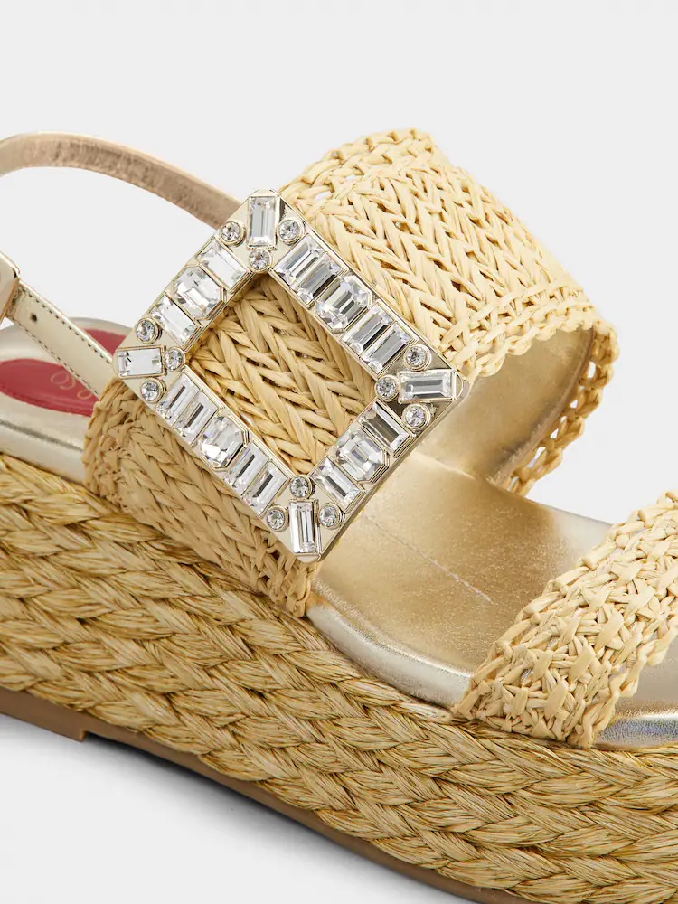 Shop Roger Vivier Strass Buckle Wedge Sandals In Raffia In Beige