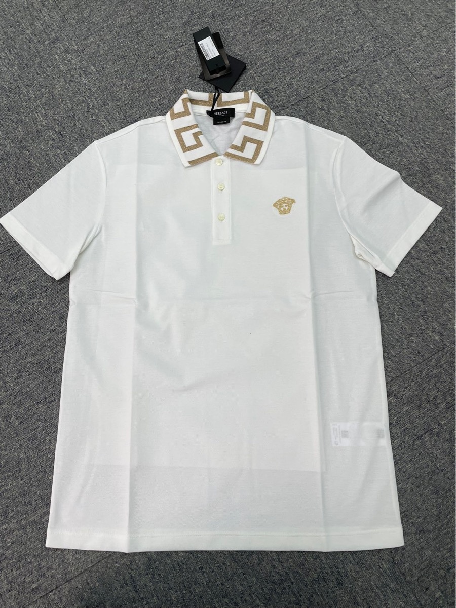 Versace Men Greca Polo Shirt With Short Sleeves In White