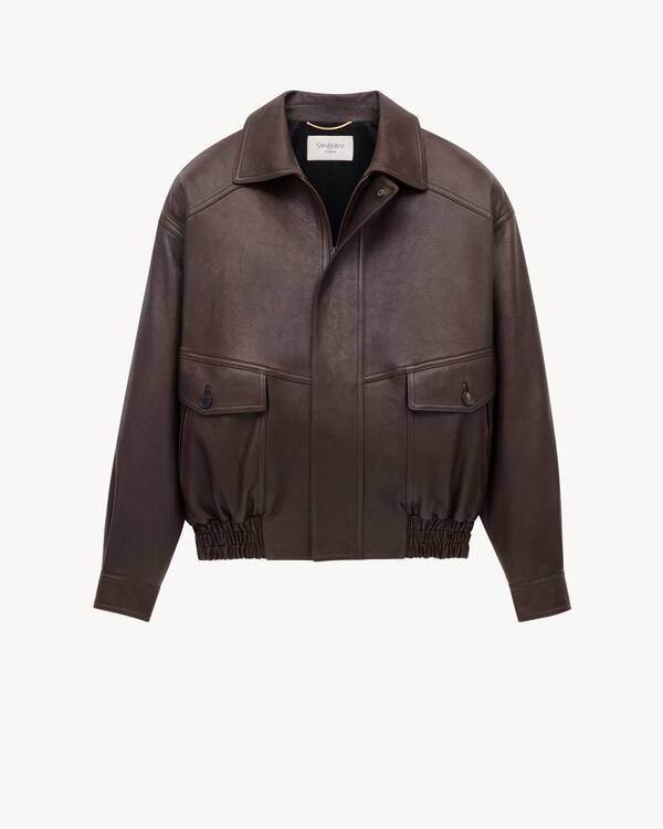 Saint Laurent Long Sleeve Leather Jacket In Brown