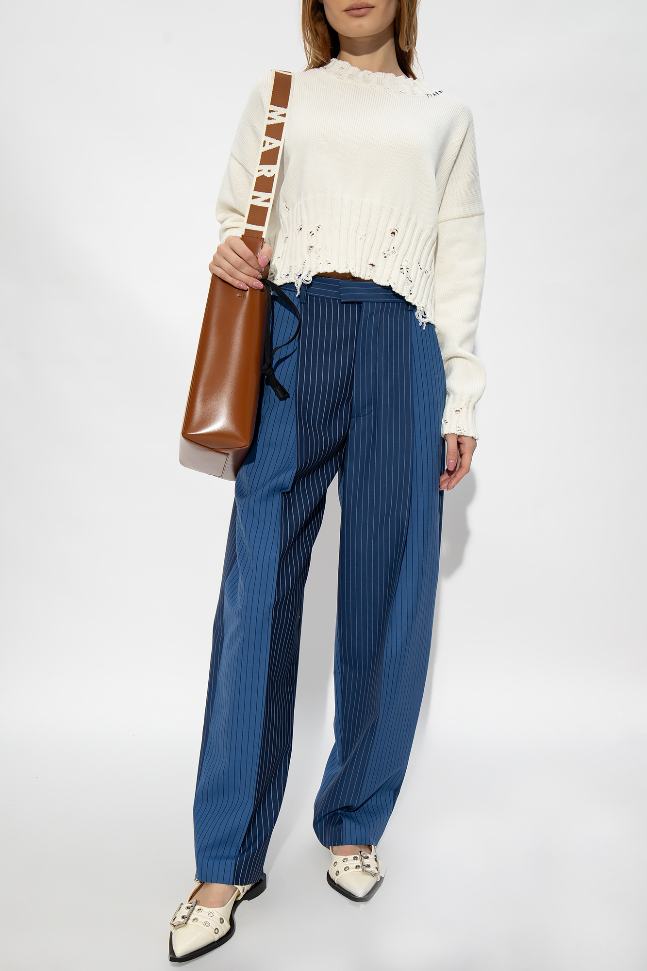 Marni Cropped Distressed Jumper In White