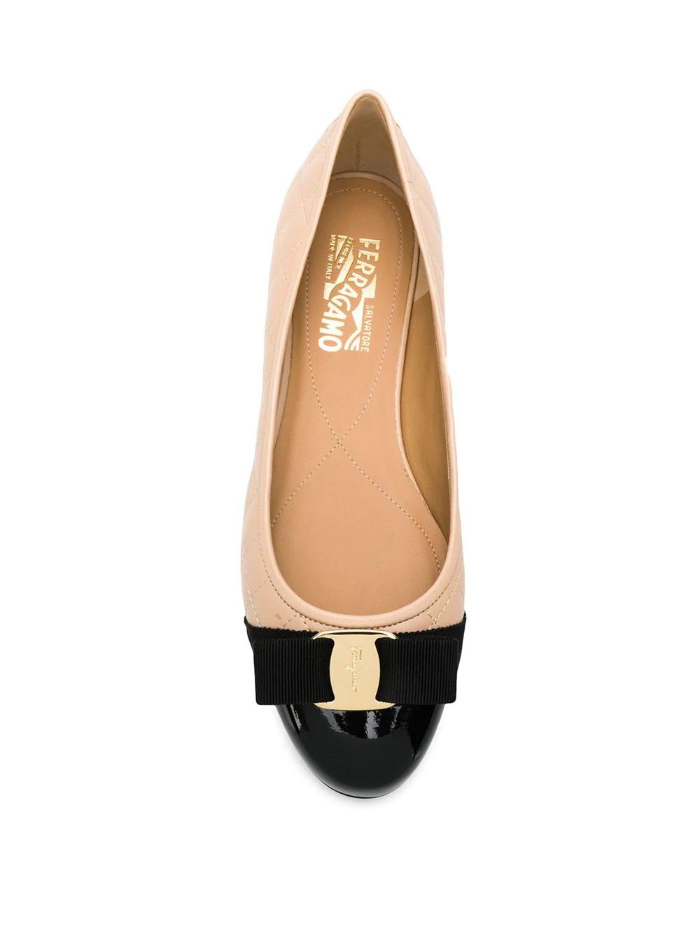 Ferragamo Varina Bow-embellished Quilted Smooth And Patent-leather Ballet Flats In Nude