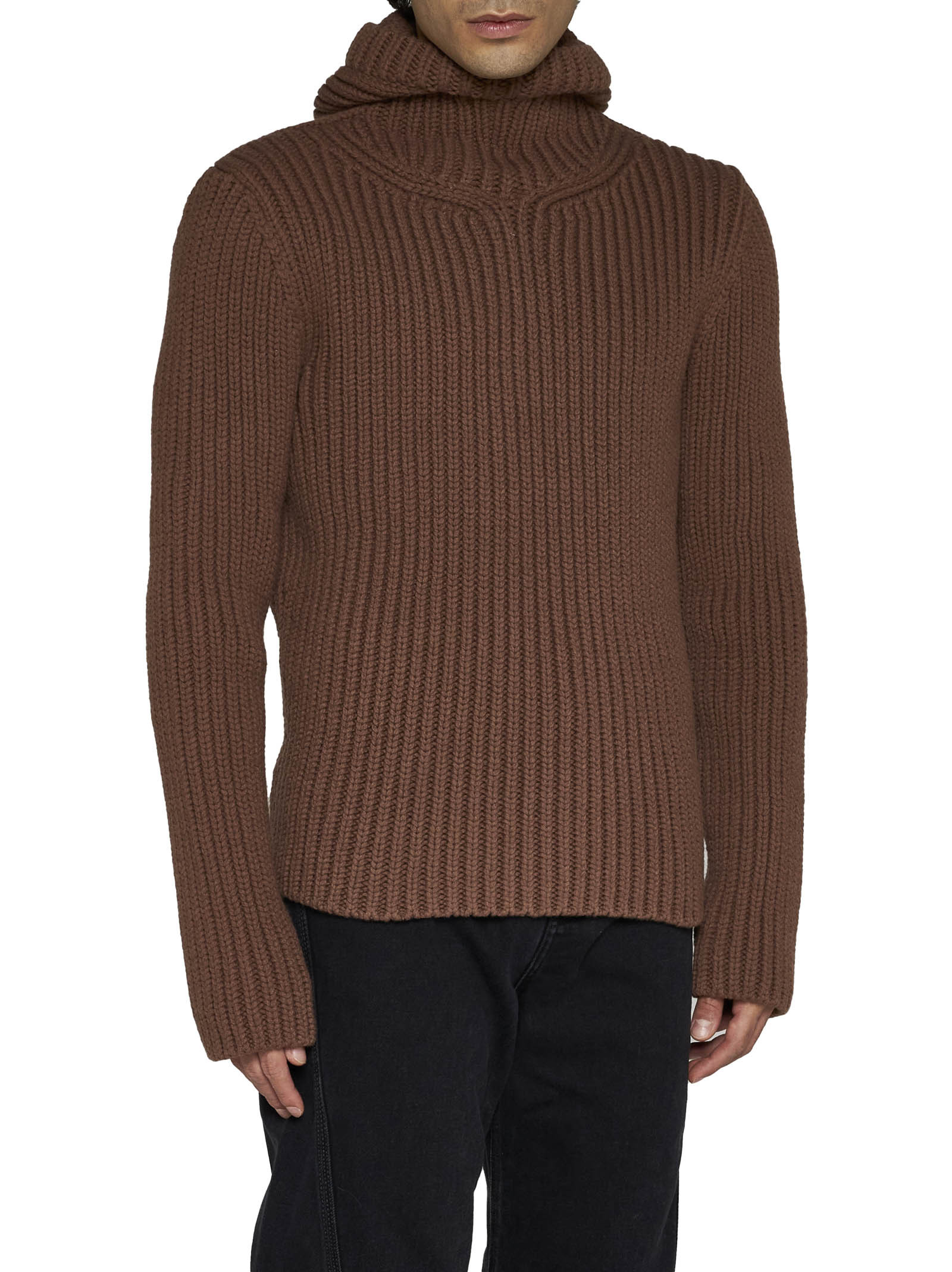Lanvin Ribbed-knit Hooded Jumper In Brown
