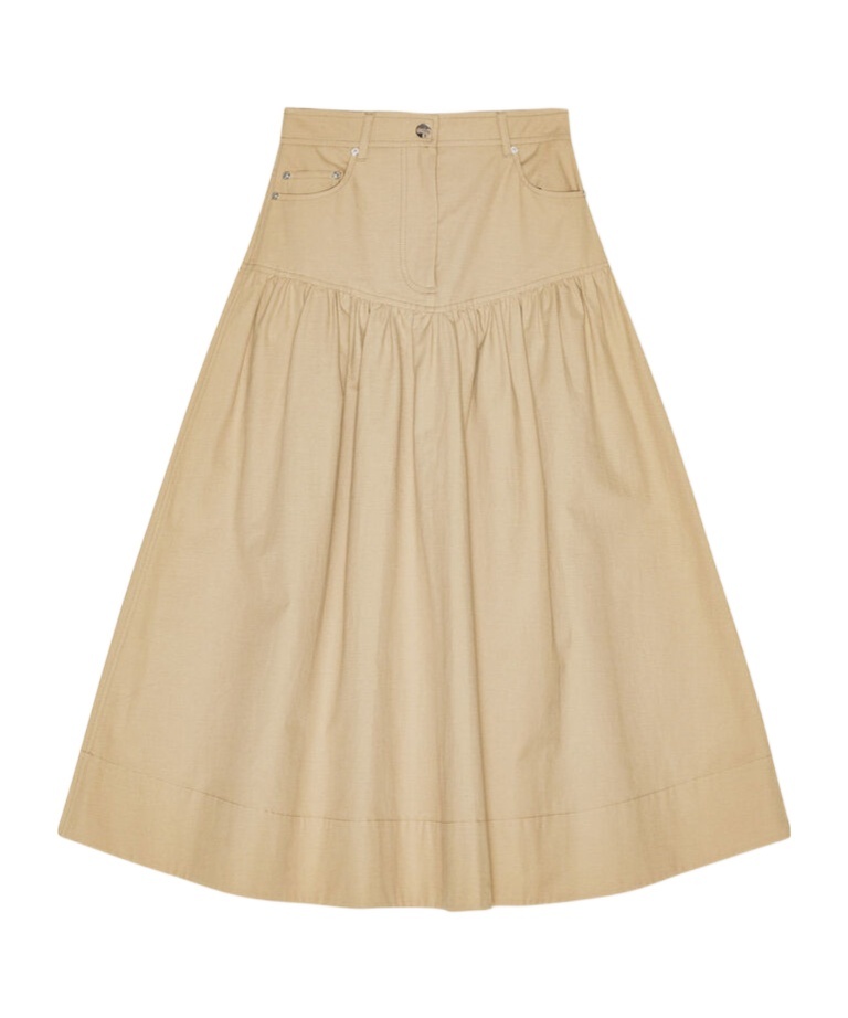 Ganni Womens Pale Khaki Summer Suiting Gathered Cotton And Linen Midi Skirt In Nude