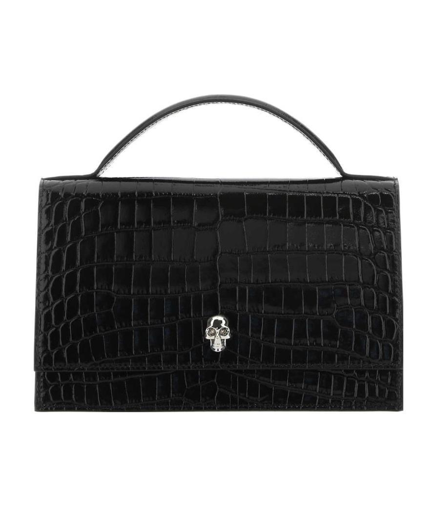 Alexander Mcqueen Medium Skull Croc Embossed Leather Top Handle Bag In Black