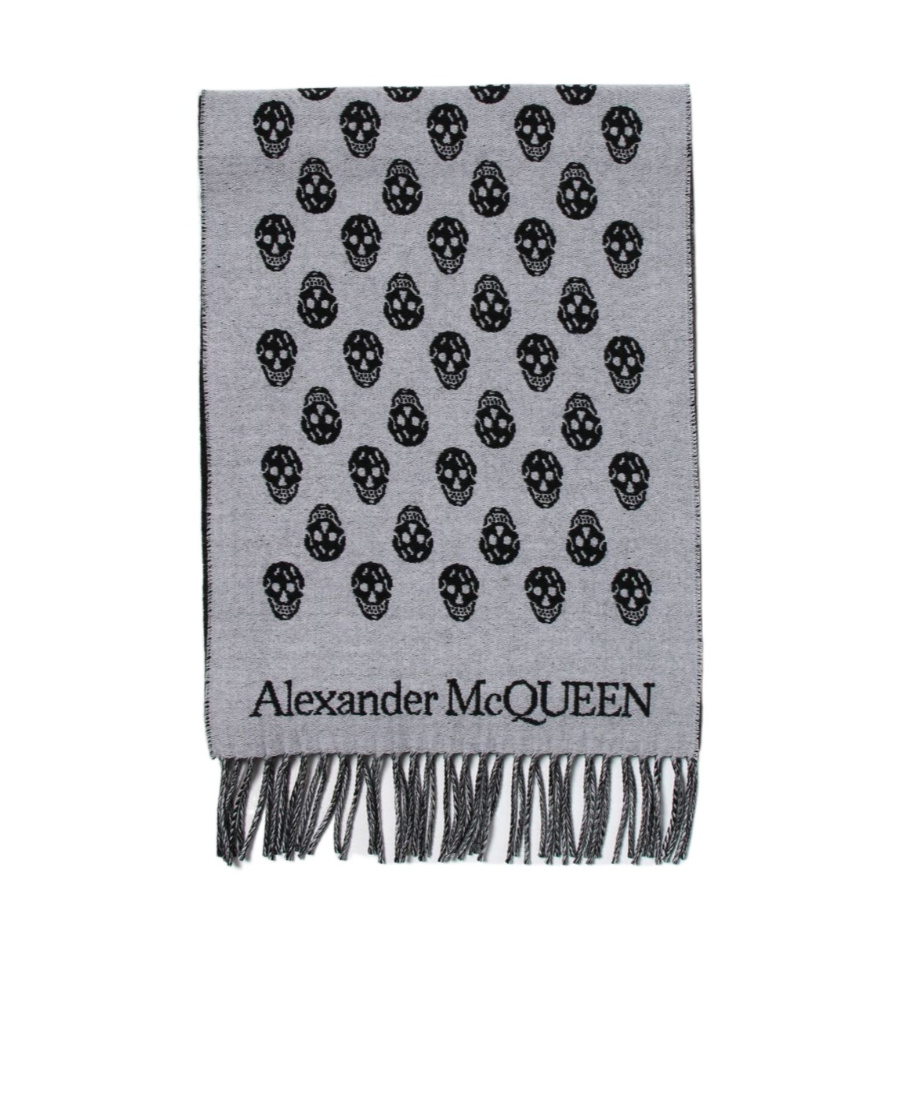 Alexander Mcqueen Skull-print Fringed Wool Scarf In Gray