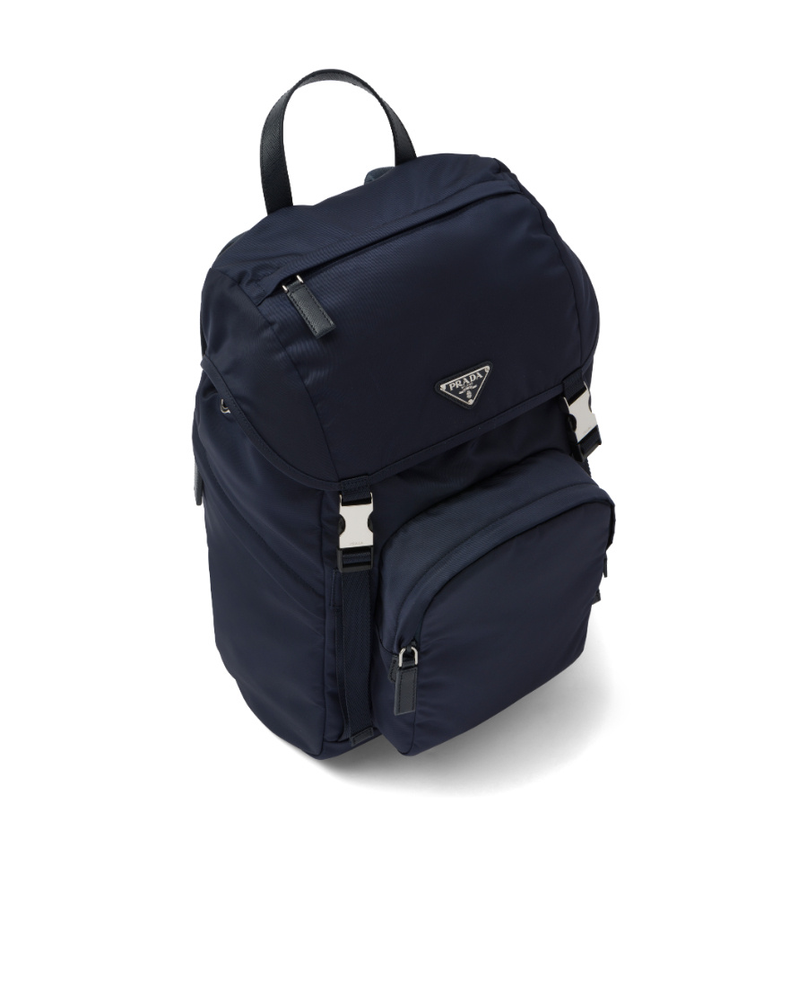 Prada Structured Leather Backpack With Logo Zipper Closure In Blue