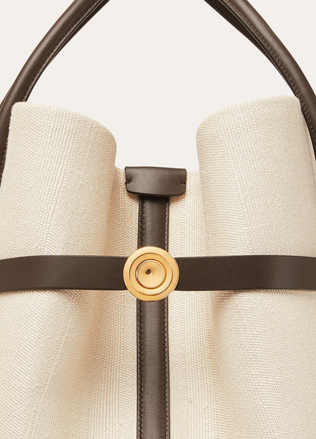 Loro Piana Ghiera Shopper Large Handbag In Cream Yellow Amber-dark Chocolate Licorice/sun Gold