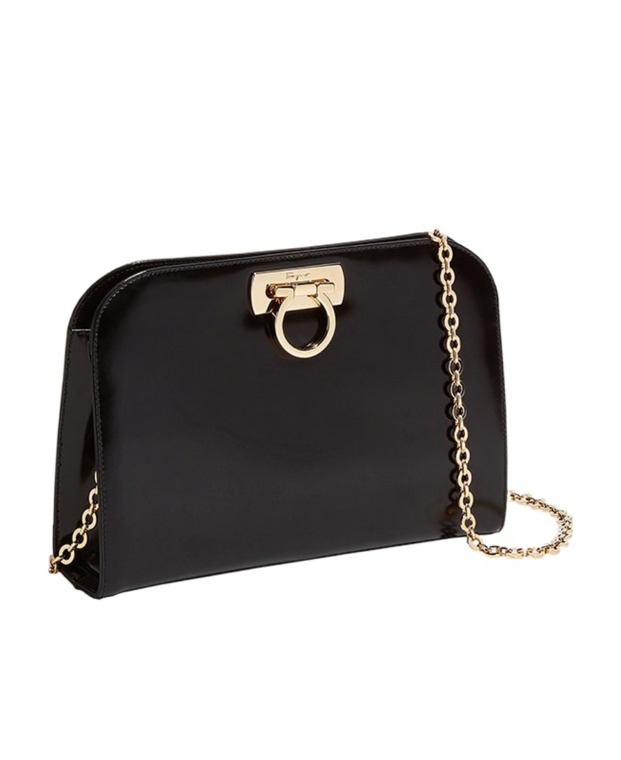 Shop Ferragamo Salvatore Logo Plaque Chain Linked Clutch In Black