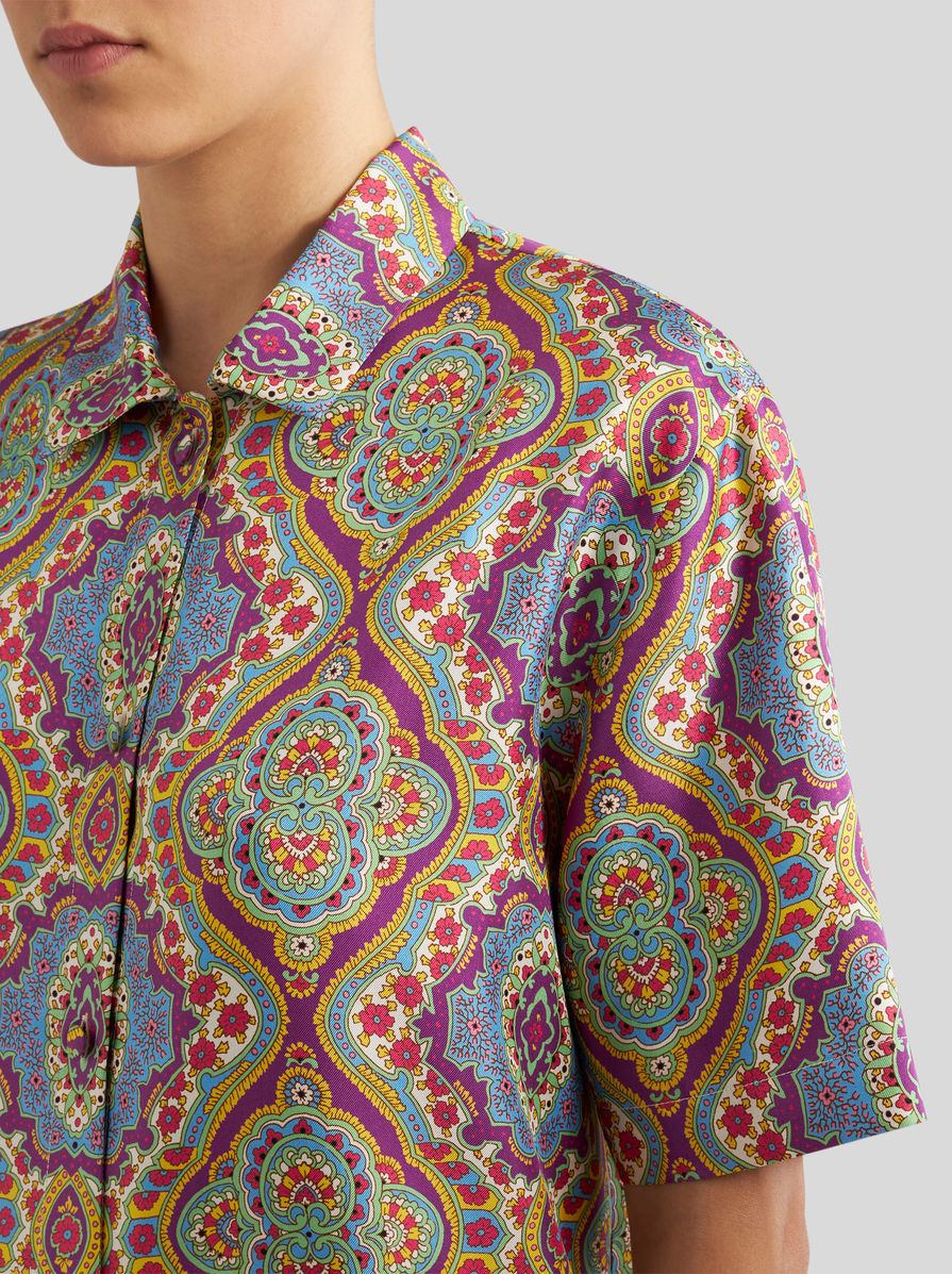 Etro Printed Silk Short Sleeve Bowling Shirt In Multicolor