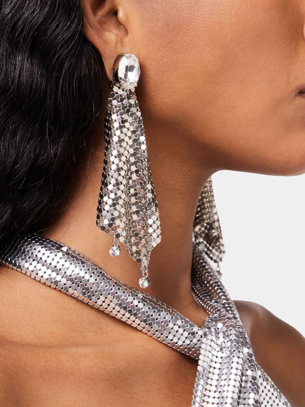 Rabanne Mini Mesh Pixel Rhinestone Earrings Accessories In Gray