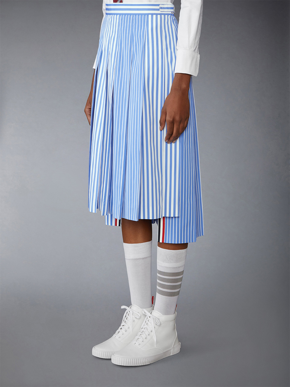 Thom Browne Pleated Striped Midi Skirt In Blue