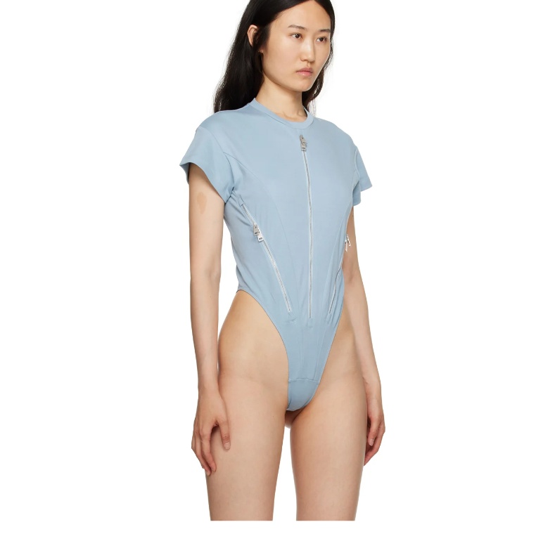 Shop Mugler Zip-embellished Organic Cotton Bodysuit In Blue
