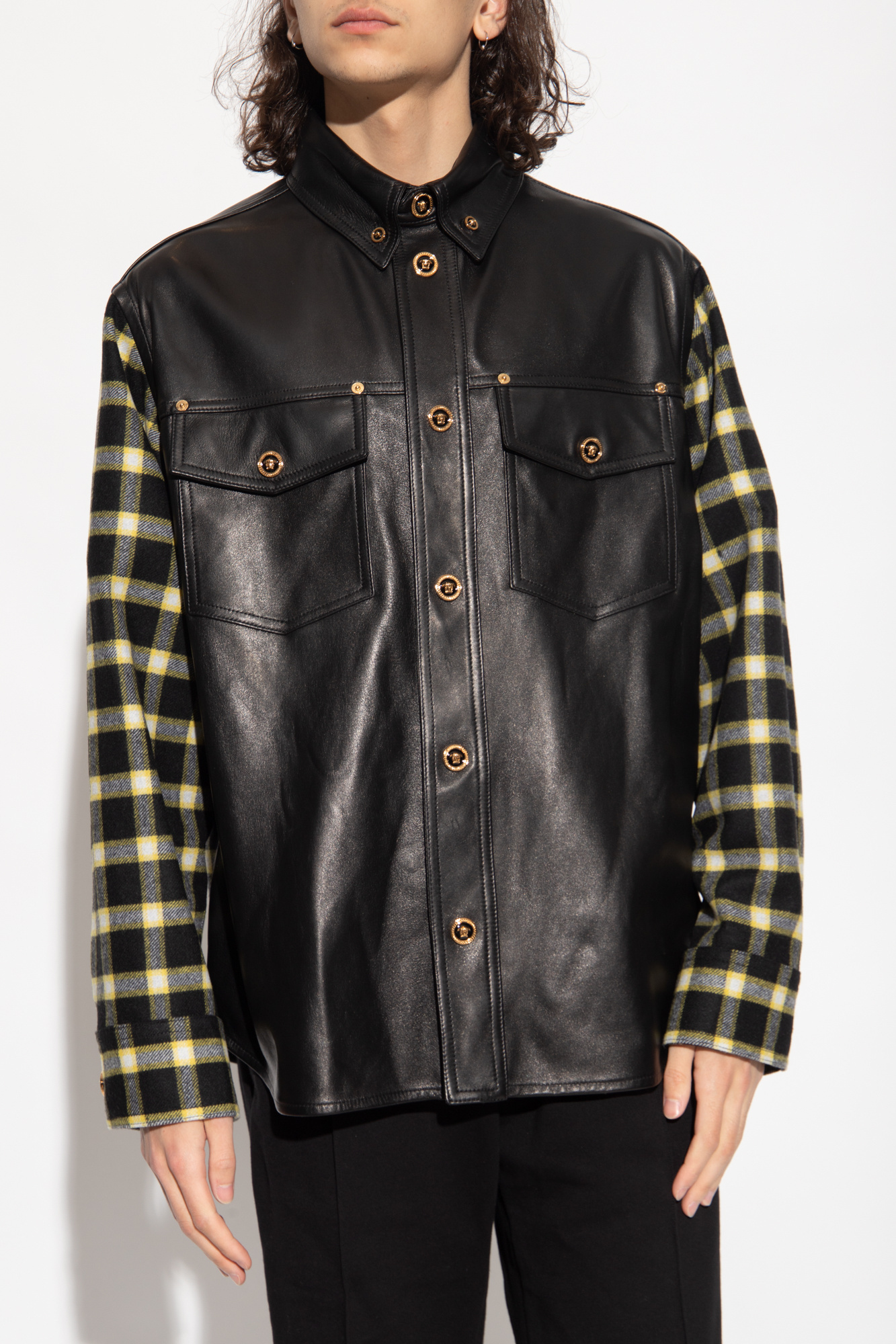 Versace Leather Shirt Checkered Sleeves In Black