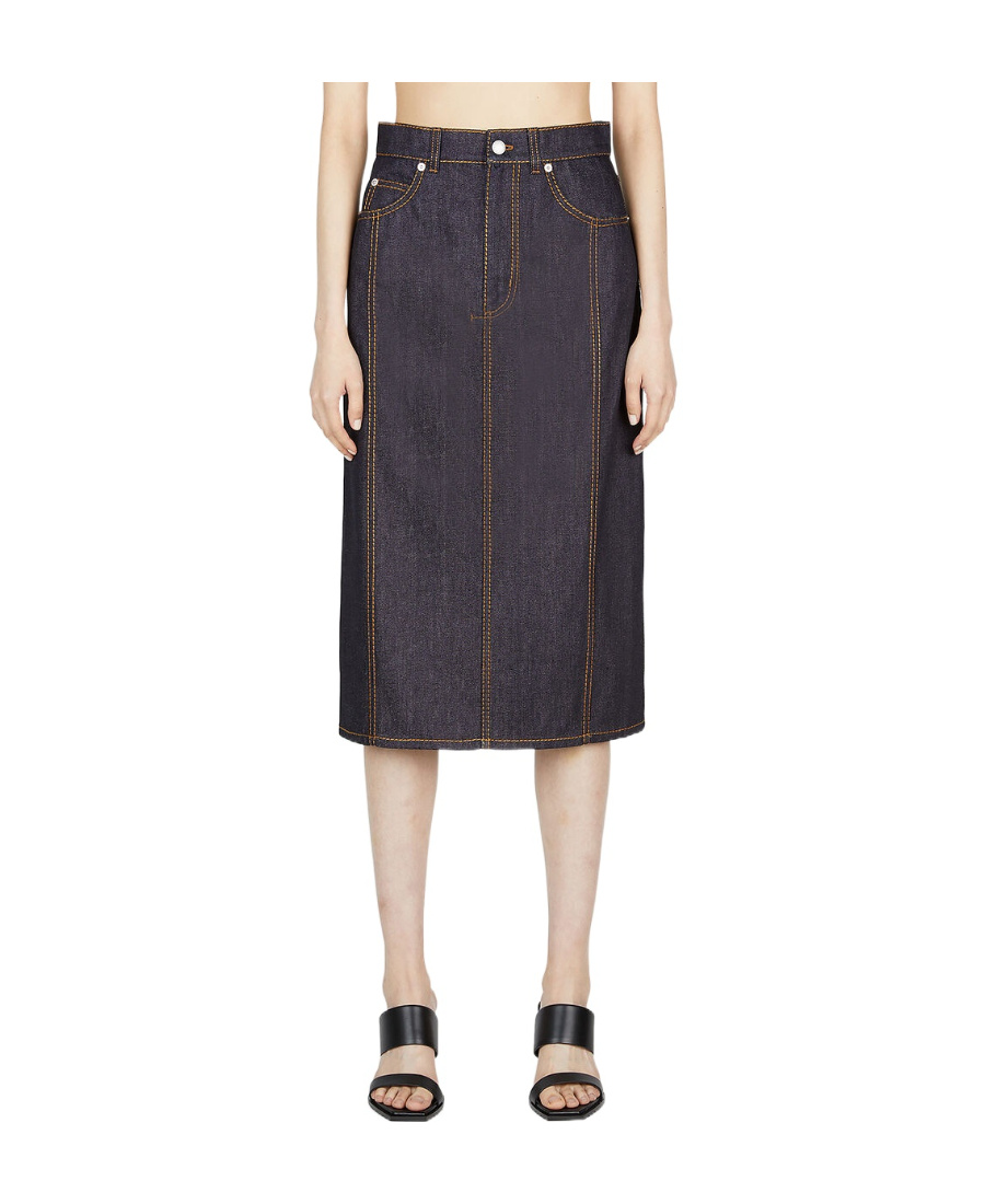 Shop Alexander Mcqueen Contrast-stitching Denim Midi Skirt In Black