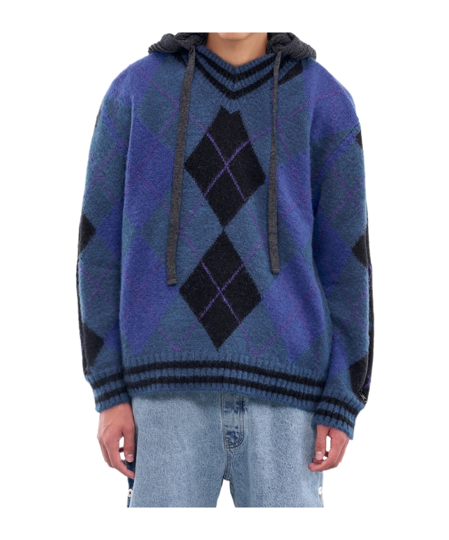 Y/project Y Project Women Embroidered Stretch Cotton Blend Oversize Sweater In Blue/grey/argyle