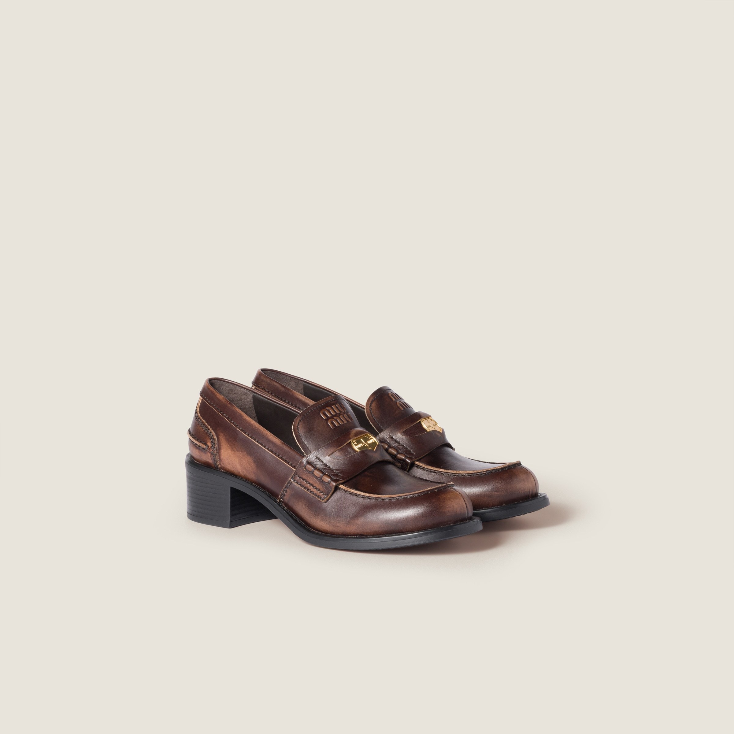 Miu Miu 50mm Leather Band Coin Loafers In Brown