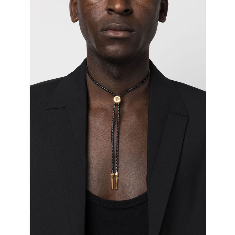 Versace Medusa-charm Braided Leather Necklace In Black
