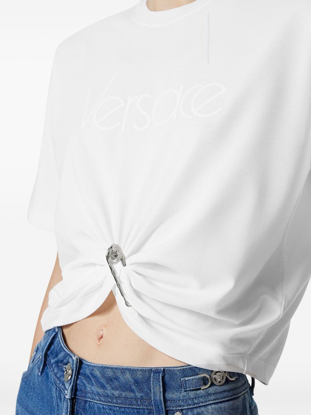 Versace Logo And Safety Pin Cotton T-shirt In White